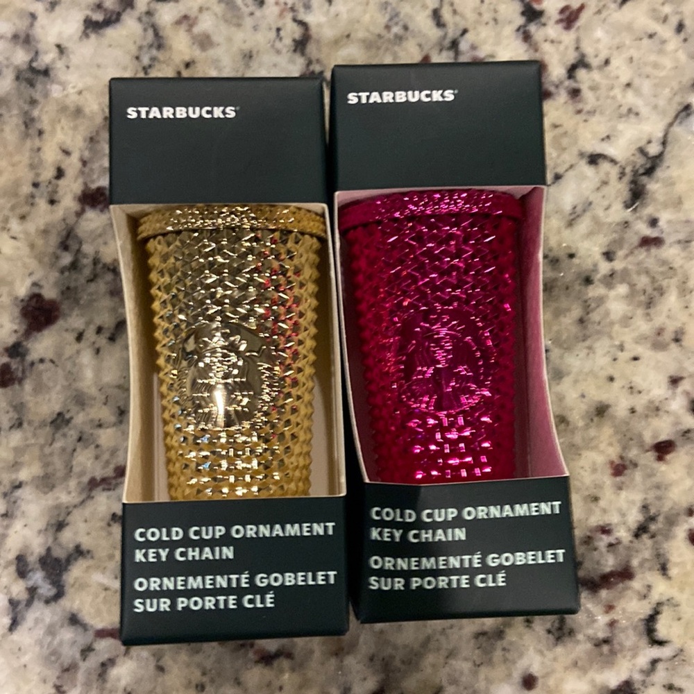 Starbucks 2022 Holiday Metallic Gold & Sangria Cold Cup Ornament Key Chain